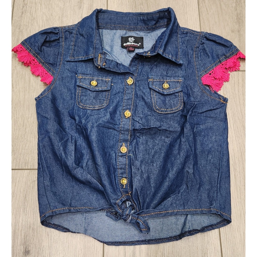 Dollhouse Girls Denim Top Button‎ Up Tie Front Sleeveless Pink Lace Trim Size 6X